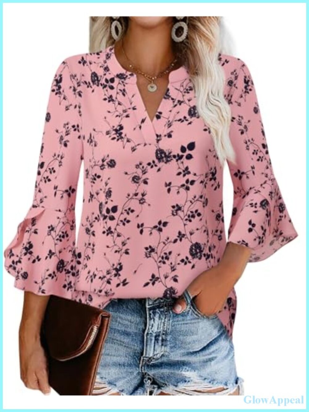 Women's Ruffle 3/4 Sleeve Blouse Floral Print Work Top